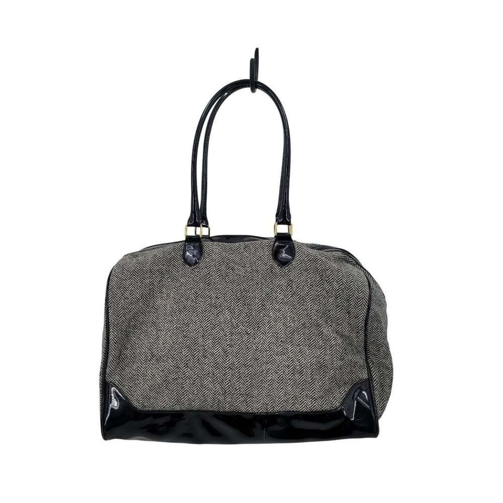 Herringbone Plaid Tweed Tote Handbag Black Vegan Patent Leather Duffle Travel‎
